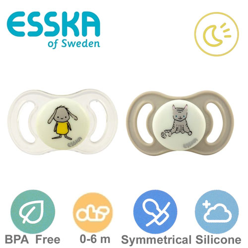 Esska Happy mini GLOW nappar, symmetriska, silikon stl.1